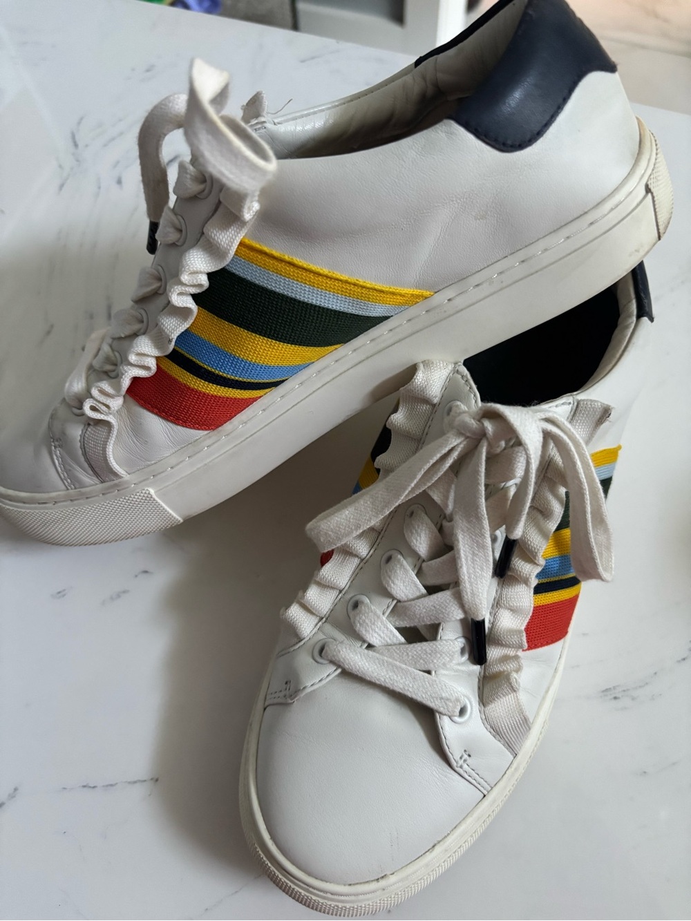 White Leather Tory Burch ruffle Sneakers with Multicolor Stripe Detail